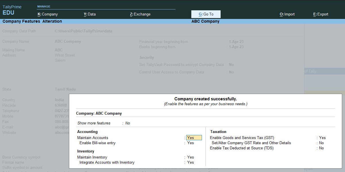 Create Comapny in Tally Prime